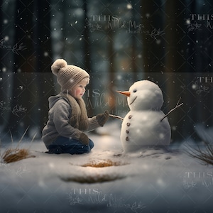 Snowman digital backdrop, Snowy forest, winter, christmas, snow, snowman, christmas digital background, snowman magic, snow forest digital