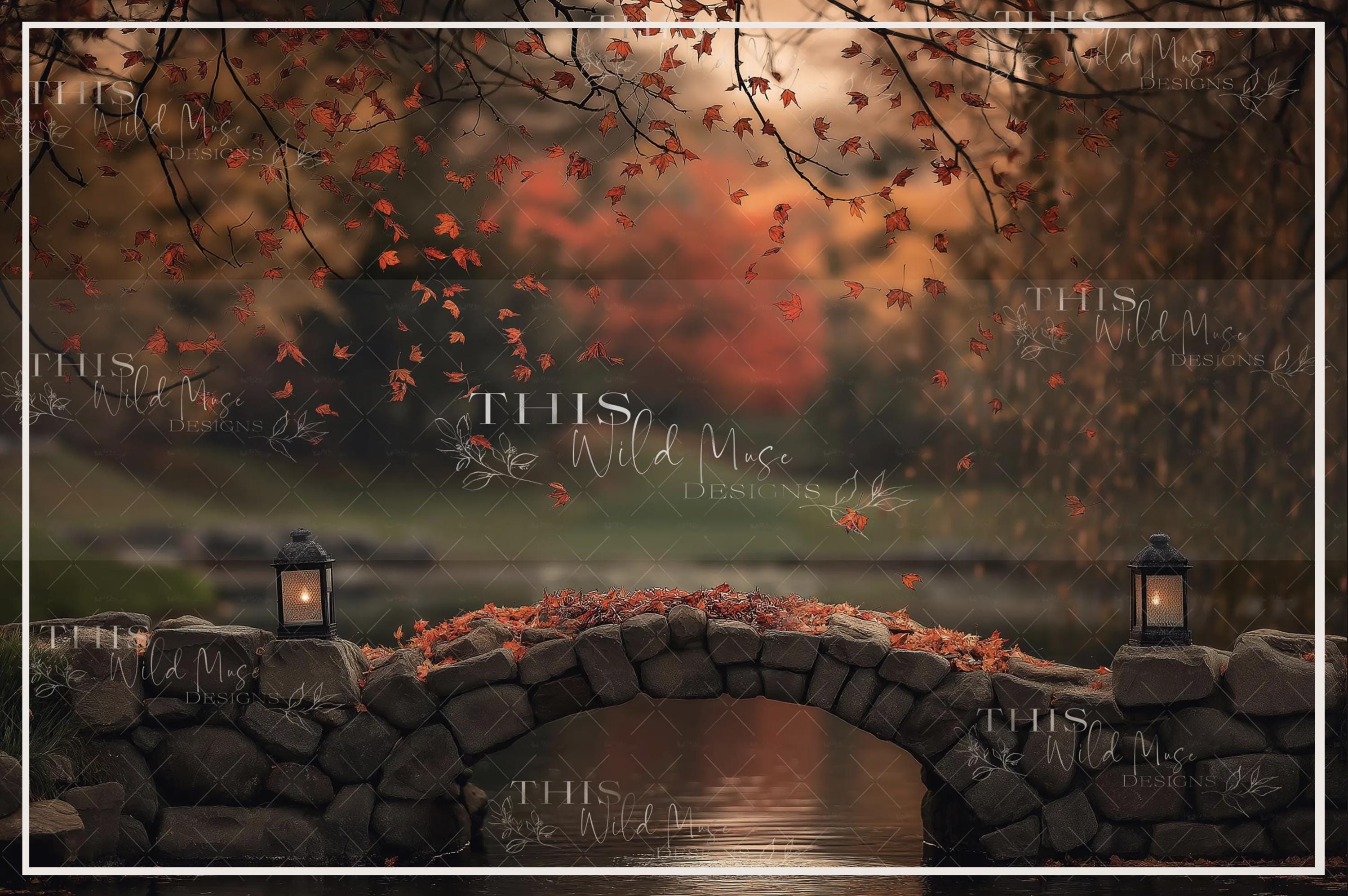 Fall Stone Bridge Backdrop, Autumn Leaves, Fall Digital Backdrop, Fall ...