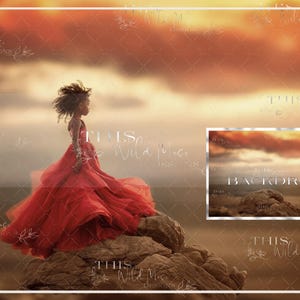 Peut inclure: Une jeune fille en robe rouge se tient sur un affleurement rocheux, regardant un coucher de soleil sur l'océan. Le ciel est d'un orange et d'un rose vifs, et l'eau est d'un bleu profond. L'image est un fond d'écran numérique.