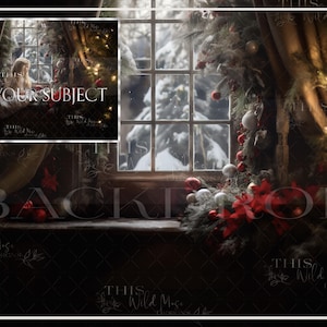 Vintage Christmas Window digital background, Christmas window backdrop, vintage, nostalgic, Snow background, creative composite backdrop
