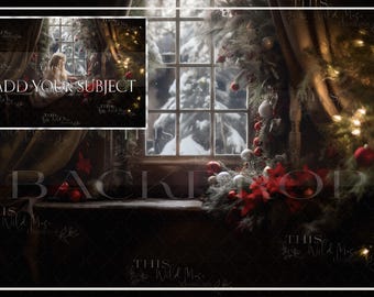 Vintage Christmas Window digital background, Christmas window backdrop, vintage, nostalgic, Snow background, creative composite backdrop