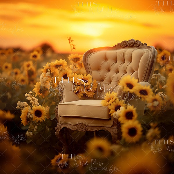 sunflower field digital backdrop, vintage chair, sunflowers, summer digital backdrop, summer digital backdrop, flower field digital, flowers