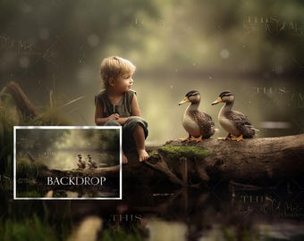 Duck pond Digital Backdrop, Painterly pond digital background, tree, pond, ducks, Woodland, bokeh background, water reflection, painterly
