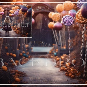 May include: A whimsical backdrop featuring a pathway lined with colorful candy lollipops and pumpkins. The background is a dark, mysterious forest with an archway in the distance. The text "ADD YOUR SUBJECT" is superimposed on the image.