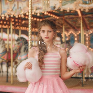 May include: A young girl in a pink and white striped dress holds two large pink cotton candy clouds in front of a carousel.