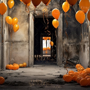 Halloween verlaten partij digitale achtergrond, spookachtig, griezelig, halloween, oranje ballon digitale achtergrond, verlaten zaal, humeurig, verlaten zaal
