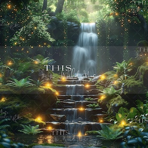 Fairy Magic Forest Digital Backdrop, fireflies, whimsical, magical forest composite, fairy digital backdrop, fairy, fae forest, waterfall,