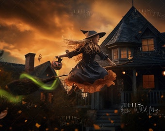 Halloween Digital backdrop, halloween, witch, flying witch, magic broom, creative composite, trick r' treat, digital background, kitten png