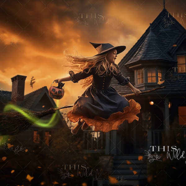 Halloween Digital backdrop, halloween, witch, flying witch, magic broom, creative composite, trick r' treat, digital background, kitten png