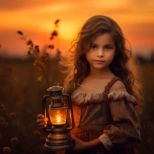 May include: A young girl with long brown hair holds a lantern in a field at sunset. The lantern is lit and casts a warm glow. The girl is wearing a brown dress with a white lace trim.