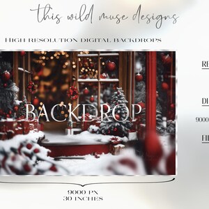 May include: A digital backdrop featuring a snowy storefront with red accents, Christmas trees, and lights. The backdrop is 9000 pixels by 6000 pixels and 300 DPI.