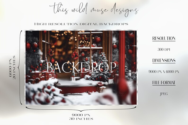 May include: A digital backdrop featuring a snowy storefront with red accents, Christmas trees, and lights. The backdrop is 9000 pixels by 6000 pixels and 300 DPI.