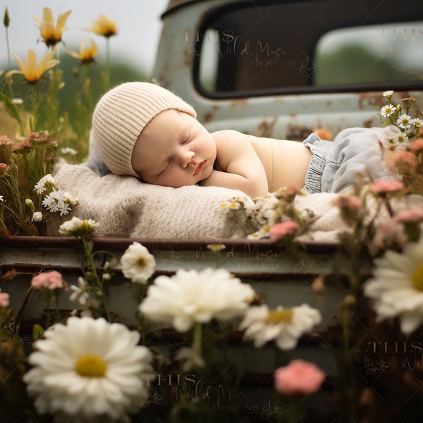 Vintage Truck Wildflower Field Digital Background, Photoshop Composite, Creative Composite, Newborn, Toddler, Truck Digital, Newborn Digital