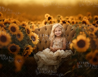 Summer digital backdrop, sunflower field background, summer composite, flower field digital, settee in sunflower field, sunflowers backdrop