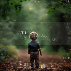 May include: A young child wearing a blue shirt and brown pants walks on a path in a forest. The background is blurred and has a green and brown color scheme. There are small, bright lights scattered throughout the image.
