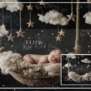 May include: A newborn baby sleeping in a crescent moon-shaped bed, suspended from the ceiling by a rope. The background is a dark blue with white clouds and gold stars hanging from the ceiling.