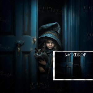 May include: A young person wearing a dark blue hooded cloak and holding a black cat stands in a doorway. The doorway is painted a dark blue color and has a brass door handle. The background is dark and blurry.