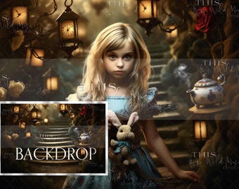 Fondo digital de Alicia en el país de las maravillas, árboles, relojes, rosas rojas, fantasía, fondo digital de imágenes compuestas creativas, composición de Photoshop