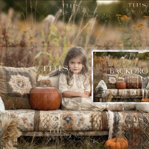 May include: A rustic fall-themed backdrop featuring a couch with pillows and blankets, a pumpkin, and a lantern. The backdrop is perfect for creating a cozy and inviting atmosphere for photoshoots.