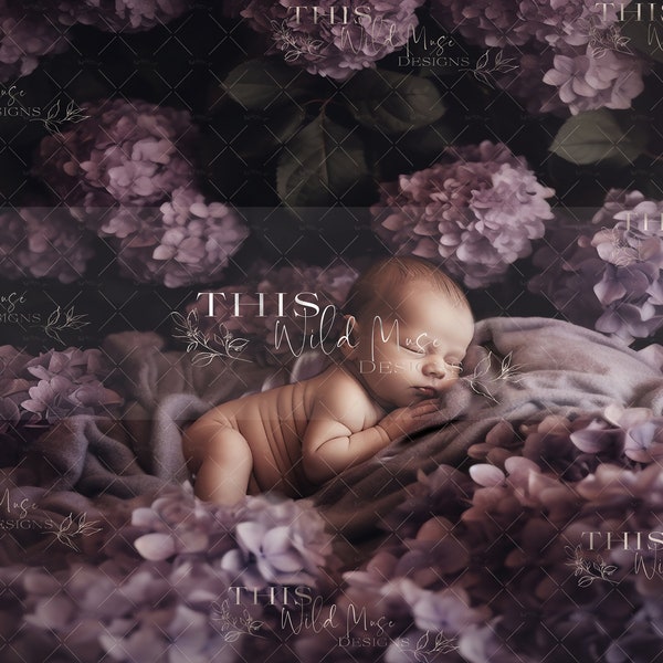 Newborn Digital Backdrop, Flowers, Purple Hydrangeas, Greenery, Leaves, soft blanket, matte finish, hydrangea newborn digital backdrop,