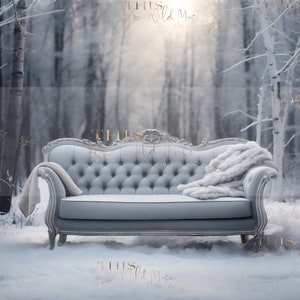 Winter forest digital backdrop, Grey/blue Couch, Winter background, Snow forest digital backdrop, winter portrait digital background,