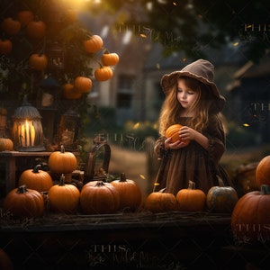 Könnte beinhalten: Ein junges Mädchen in einem braunen Kleid und einem braunen Hut hält einen kleinen orangefarbenen Kürbis. Sie steht vor einem Tisch mit einer Auswahl an Kürbissen und einer Laterne.
