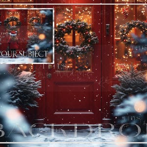 Christmas front door Digital Background, Christmas card backdrop, holiday creative composite imagery, snow, photoshop composite digital