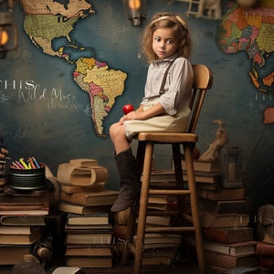 Ritorno a scuola Sfondo digitale, Scuola, Libri, Mappa, Ritratto in studio, Sfondo digitale per immagini composite, composito Photoshop, ritratto