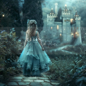 Princess digital backdrop, Princess, Fairytale digital backdrop, dusk, nighttime magical scene, castle digital, midnight garden, castle path