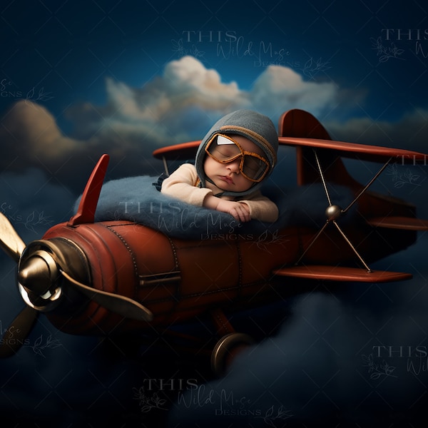 Newborn Airplane Digital Backdrop, Newborn, Airplane, newborn photoshop composite, creative imagery, digital newborn backdrop, blue skies