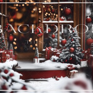 May include: A Christmas backdrop featuring a red brick wall, a window with a snowy scene, and a Christmas tree decorated with red ornaments. There are presents wrapped in red paper and a sign that says "BACKDROP".