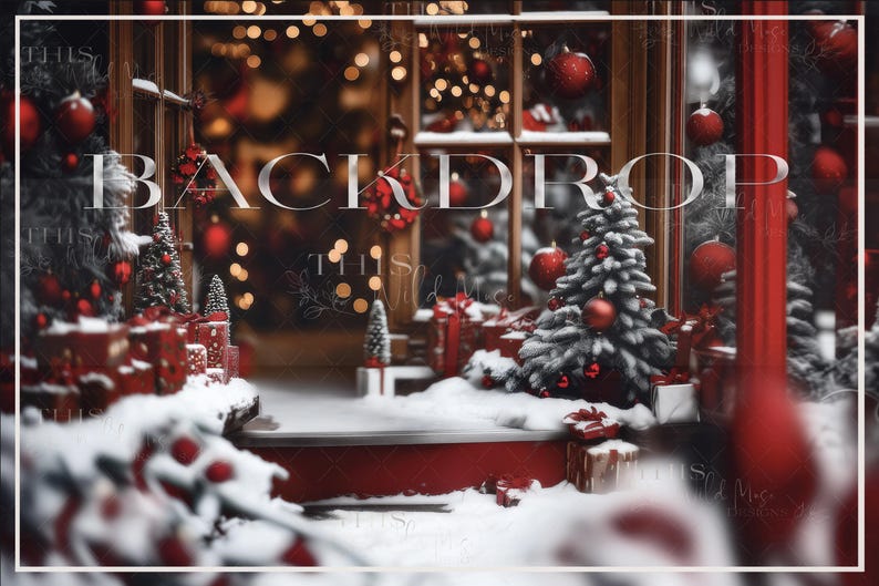 May include: A Christmas backdrop featuring a red brick wall, a window with a snowy scene, and a Christmas tree decorated with red ornaments. There are presents wrapped in red paper and a sign that says "BACKDROP".