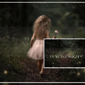 May include: A young girl in a pink dress walks through a dark forest with glowing lights. The background is a dark forest with glowing lights. The text "BACKDROP" is in the image.