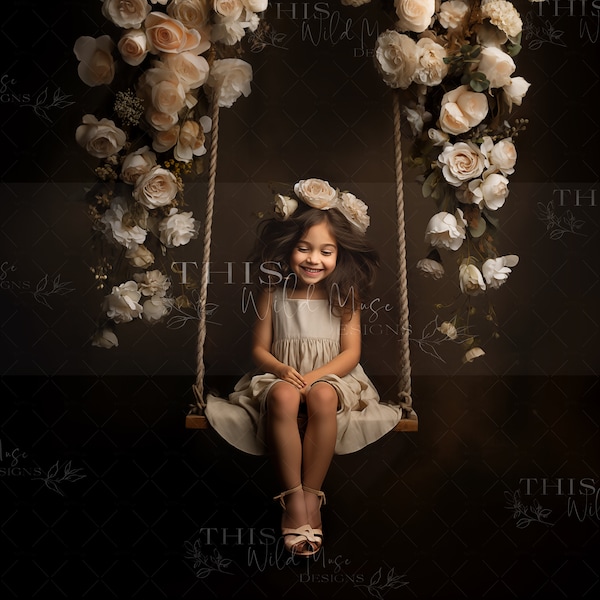 Flower Studio Swing Digital Backdrop, Flower Swing, Studio Digital background, textured canvas backdrop, wood swing, roses, rose blooms