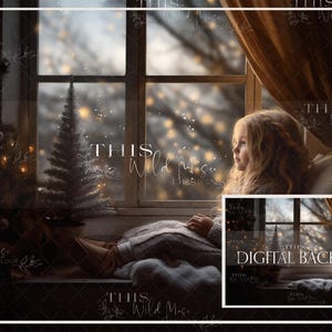 May include: A young girl sits by a window with a snowy scene outside. The window is decorated with twinkling lights and a small Christmas tree. The girl is wearing a brown sweater and has long blonde hair. The image is a digital backdrop for photography.