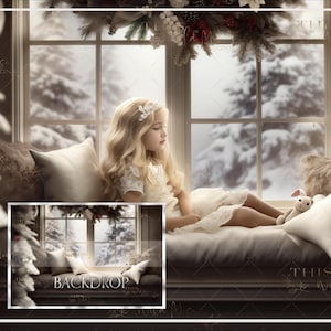 Christmas Window Seat digital background, Christmas digital, holiday backdrop, Christmas decorations, holiday window, Snowy winter,
