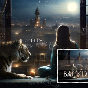 May include: A digital backdrop featuring a young woman sitting on a ledge overlooking a city at night. A tiger sits beside her, and a crescent moon hangs in the sky. The text "The Backdrop" is visible in the lower right corner.
