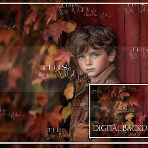 May include: A young person in a brown jacket stands near a red wooden wall, with autumn leaves in the background. The image includes the text "DIGITAL BACKDROP" in a smaller inset. The overall theme is fall.