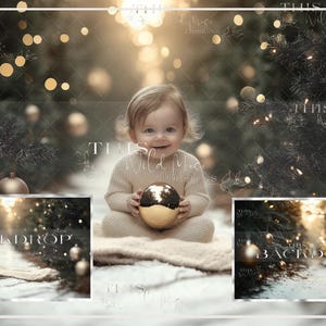 May include: A baby in a cream-colored sweater sits on a fluffy rug, holding a decorative ball with gold and brown accents. The backdrop features a Christmas tree scene with soft bokeh lights and ornaments. The image has a warm, inviting feel.