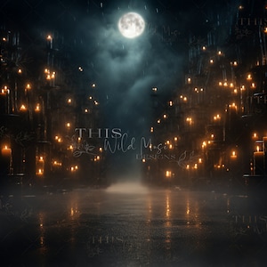 May include: A dark, moody scene with a full moon shining through the clouds.  The scene is lit by hundreds of candles on tall black candelabras lining a path leading to the moon.  The path is wet and reflects the light of the candles.