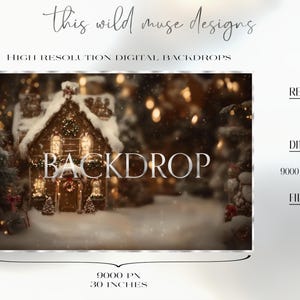 May include: A digital backdrop featuring a gingerbread house scene with snow and lights. The backdrop is 30 inches wide and 20 inches tall, with a resolution of 300 DPI. The file format is JPEG.