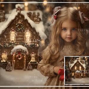 May include: A young girl with long blonde hair and blue eyes stands in front of a gingerbread house backdrop. The house is decorated with lights and snow, creating a festive Christmas scene. A small image of the backdrop is in the lower right corner.