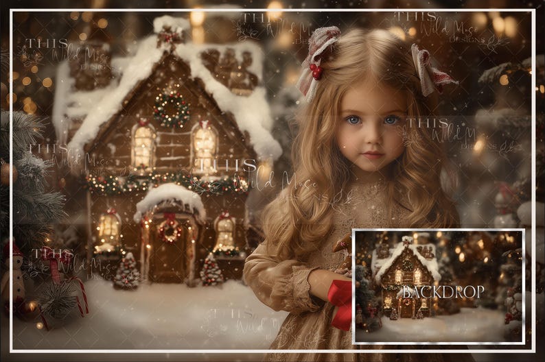 May include: A young girl with long blonde hair and blue eyes stands in front of a gingerbread house backdrop. The house is decorated with lights and snow, creating a festive Christmas scene. A small image of the backdrop is in the lower right corner.
