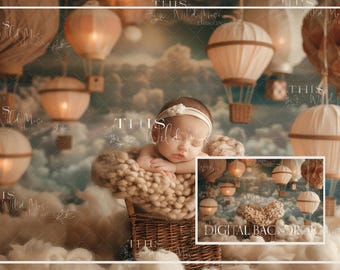 Newborn Hot Air Balloon Digital background, Newborn Digital, Studio Newborn composite, basket, fluffy wool clouds, hot air balloons, newborn