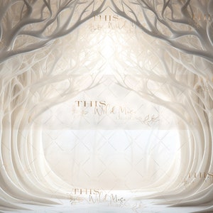 May include: A white, ethereal forest scene with a bright light shining through the trees. The trees are made of white branches and create a tunnel-like effect. The background is a soft, white blur.