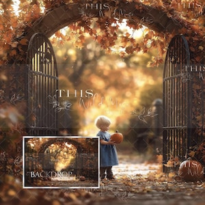 May include: A young child stands in front of an archway covered in autumn leaves. The archway is made of metal and has a gate on each side. The child is holding a small pumpkin. The background is a blurry image of a forest.