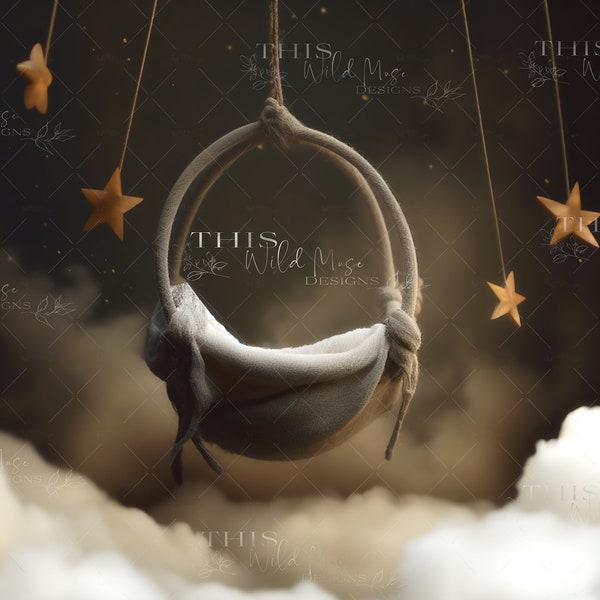 Newborn Studio Digital Background, swinging with the stars, newborn digital, creative composite, stars, newborn swing, clouds,