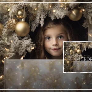 May include: A young girl peeks out from behind a snowy Christmas tree decorated with gold ornaments and twinkling lights. The background is a shimmering, sparkly backdrop with a subtle gold and white marble pattern.