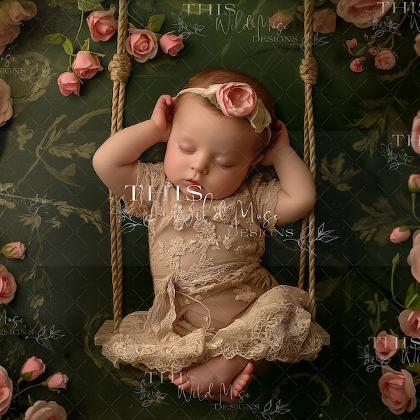 Vintage floral newborn swing, Studio Digital Background, Newborn, Child, vintage textured backdrop, top down view newborn digital, pink rose