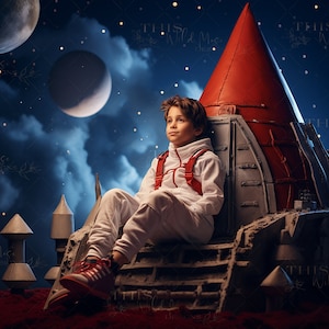 May include: A young boy dressed in a white astronaut suit sits in a model rocket ship. The rocket ship is red and white and has a gray base. The boy is looking up at the stars and planets in the background.